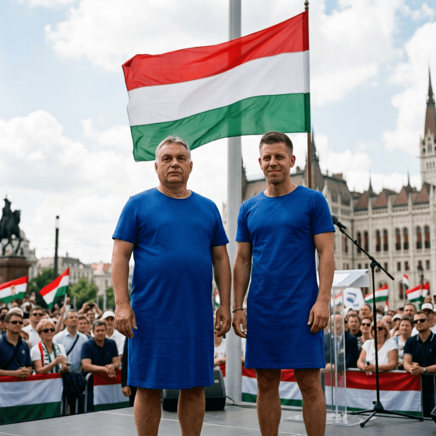 Two men in blue dresses standing on a stage with a large Hungarian flag behind them and a crowd holding flags